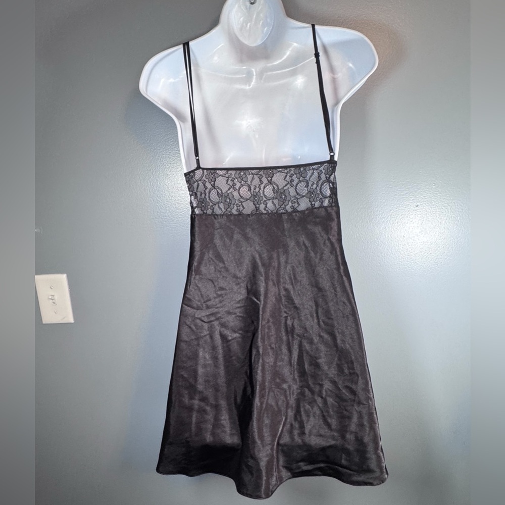 Black Satin Lace Slip Dress Mini Y2K Lingerie Style Adjustable Straps Size Small - Picture 6 of 9